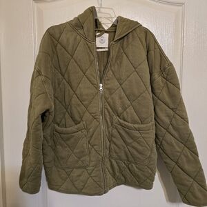 Urban Outfitters Unisex Quilted Hooded Zip Jacket - Olive Green, Oversized XS